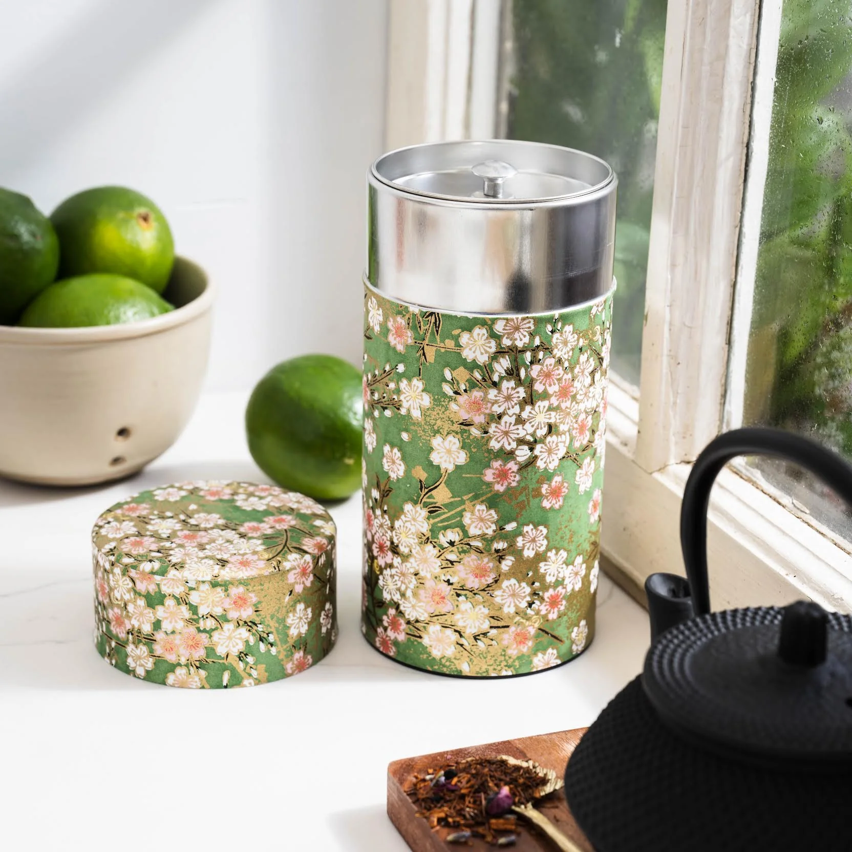 Japanese Tea Tin — Green & Pink Floral - Image 3