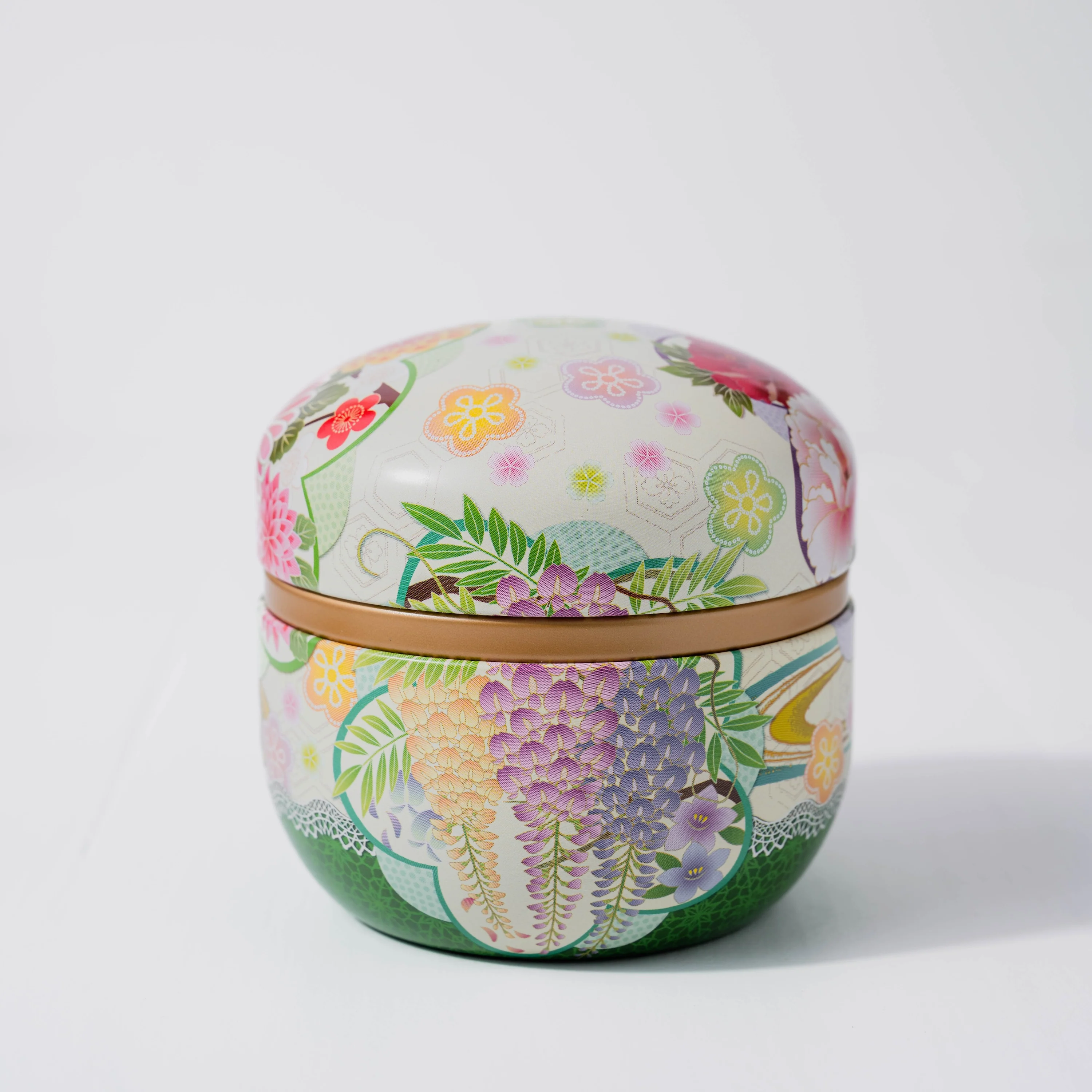 Round Metal Tea Tin - White & Green Floral - Image 3
