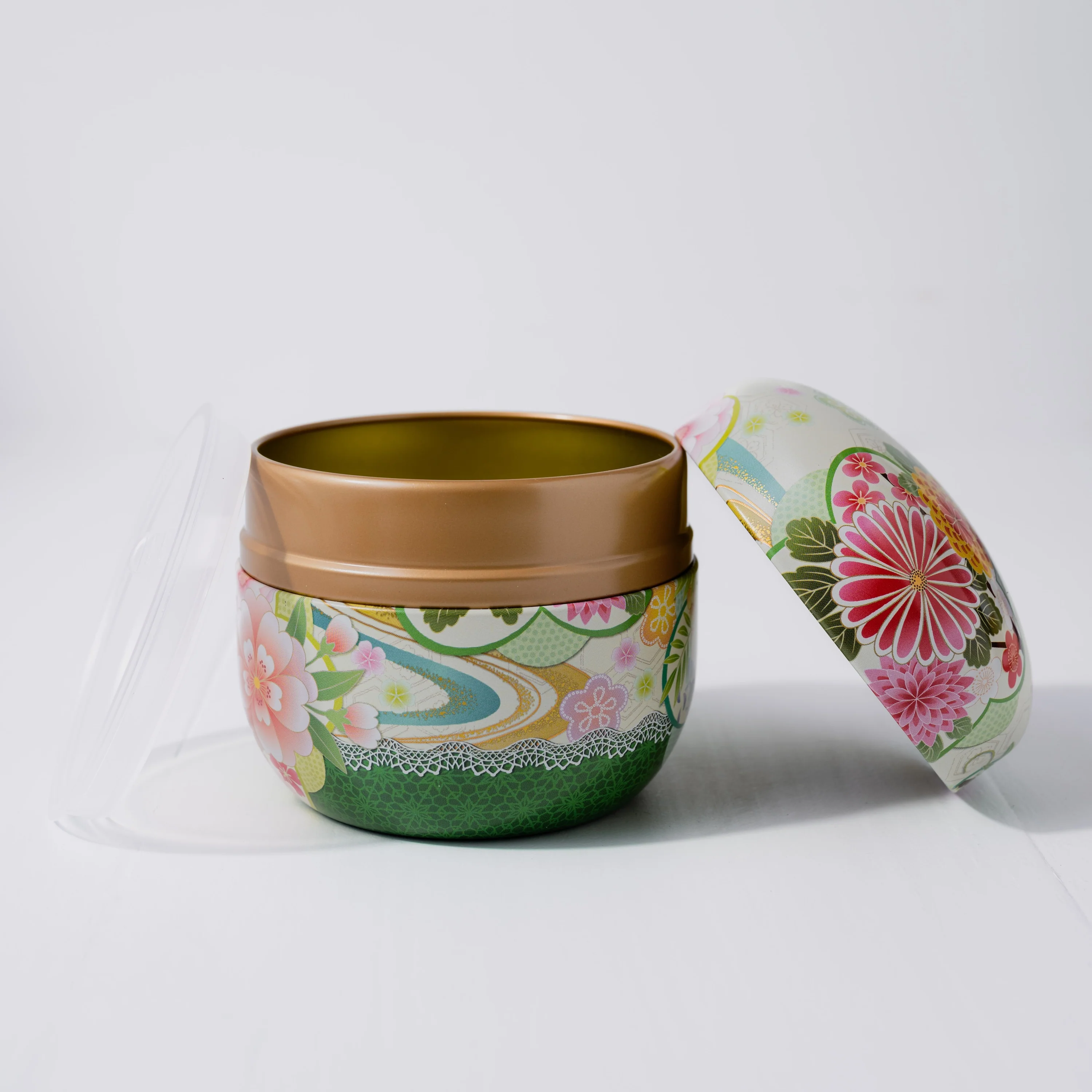 Round Metal Tea Tin - White & Green Floral - Image 4